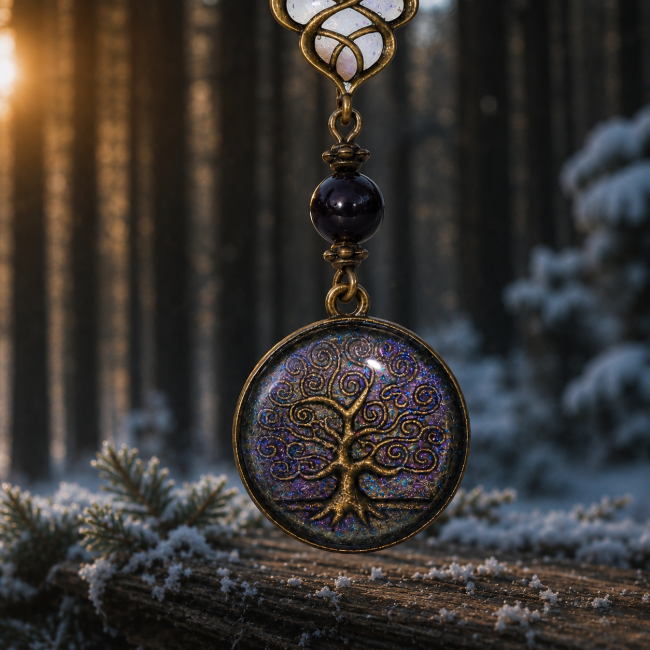 Médaillon arbre de vie aux reflets violets dans une forêt nordique enneigée. Bijou artisanal elfique mêlant inspiration runique, nature sacrée et univers fantasy.