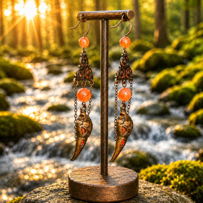 Vue latérale des boucles d’oreilles Le Veilleur des Runes, collection Hrafnseiðr. Les pendentifs sculptés en forme de corbeau et les chaînes mobiles révèlent la profondeur et les détails du bijou dans une atmosphère forestière dorée et naturelle.