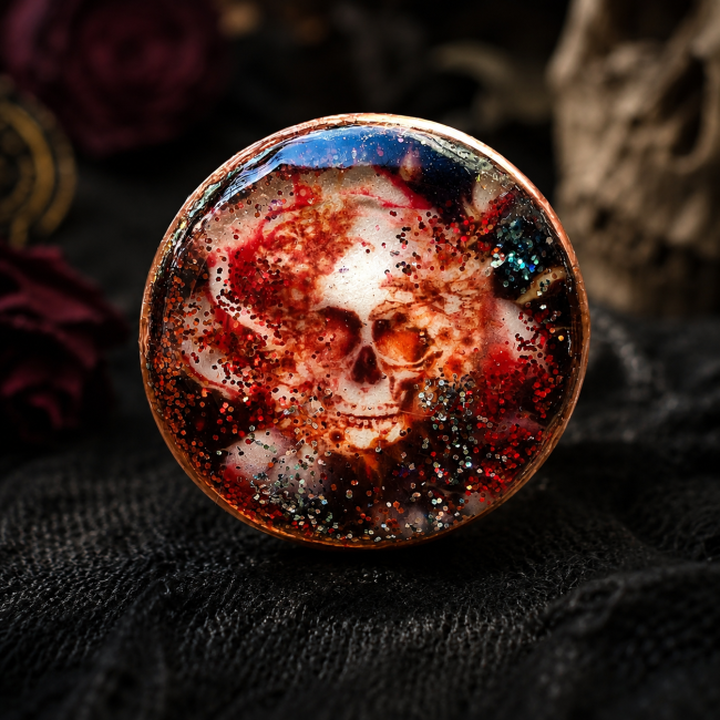 Gros plan sur le cabochon de L’Artefact du Seidr, véritable pièce maîtresse de cette bague gothique artisanale. Le crâne apparaît au cœur d’un décor rouge, bleu et scintillant, créant un effet mystérieux et fantastique. Une finition originale évoquant le 