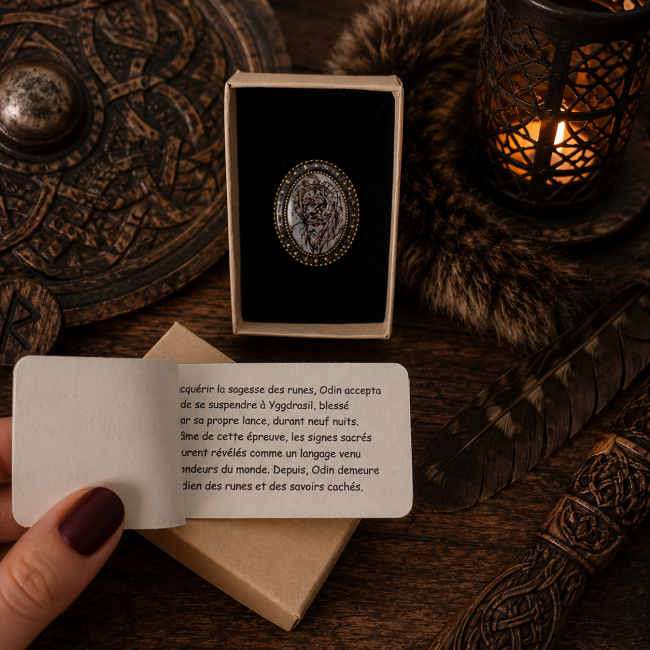 Présentation de la bague dans son écrin avec la carte accompagnant la création et la légende consacrée à Odin, aux runes et à son sacrifice.