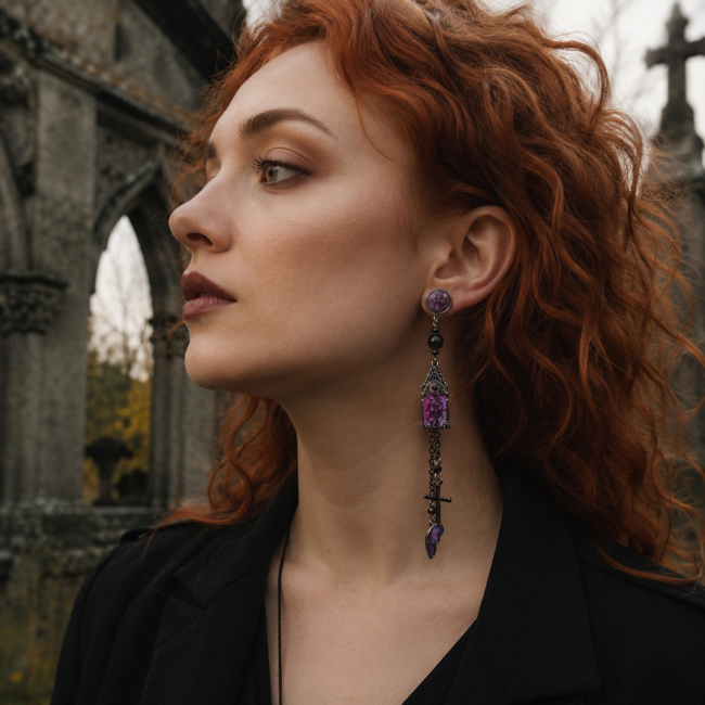 Boucles d’oreilles gothiques portées – Noctilith Mise en situation élégante des boucles d’oreilles gothiques artisanales Noctilith dans une ambiance romantique sombre.