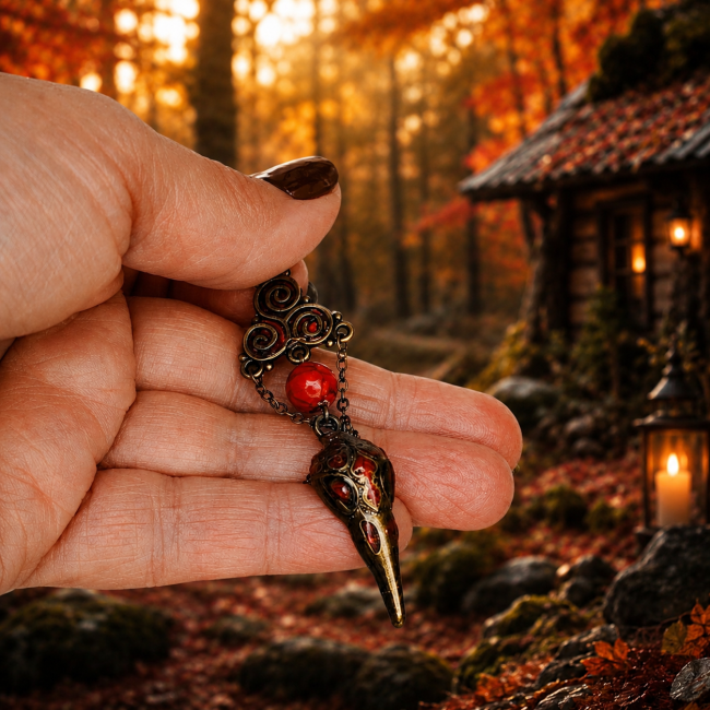 Bijou corbeau rouge gothique – Collection Hrafnseidr Boucles d’oreilles artisanales inspirées du Seiðr nordique et des corbeaux sacrés d’Odin. Triskel celtique bronze vieilli, perles en howlite rouge et tête de corbeau émaillée rouge rubis dans une ambiance forêt automnale mystique. Collection Hrafnseidr.