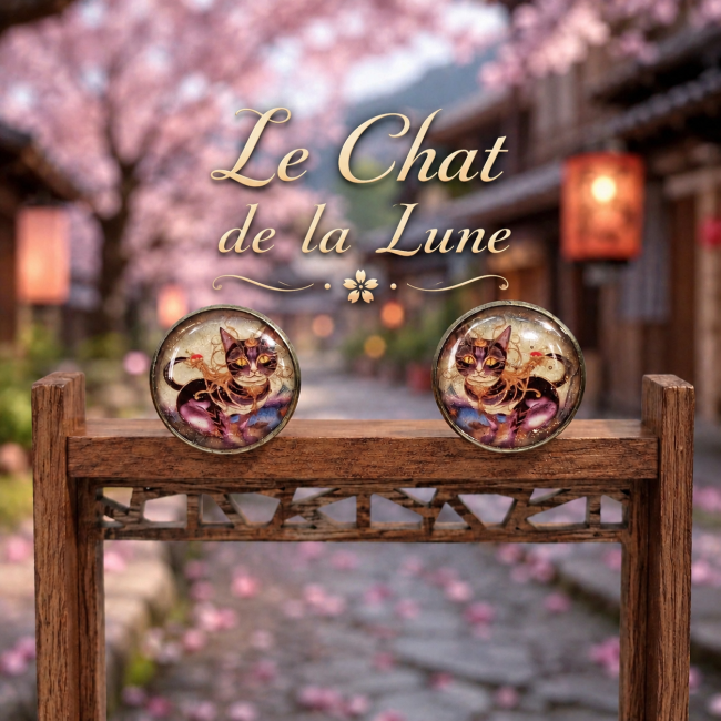 Boucles d’oreilles Le Chat de la Lune – Duo cabochons émaillés japonais Paire de boucles d’oreilles grand clou Le Chat de la Lune en cabochons émaillés artisanaux. Une création inspirée des légendes nocturnes japonaises et de la poésie des cerisiers en fleurs.
