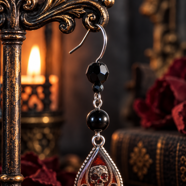 L’Épine d’Obsidienne – Crochet et obsidienne noire Zoom sur le crochet et la perle d’obsidienne noire d’une boucle d’oreille gothique L’Épine d’Obsidienne