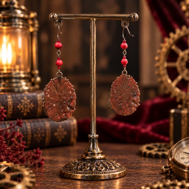 Les Braises d’Alderys – Vue Arrière des Boucles Dragon Steampunk Vue arrière des boucles d’oreilles Les Braises d’Alderys mettant en valeur les textures, reliefs et finitions artisanales de cette création dragon d’inspiration victorienne steampunk.