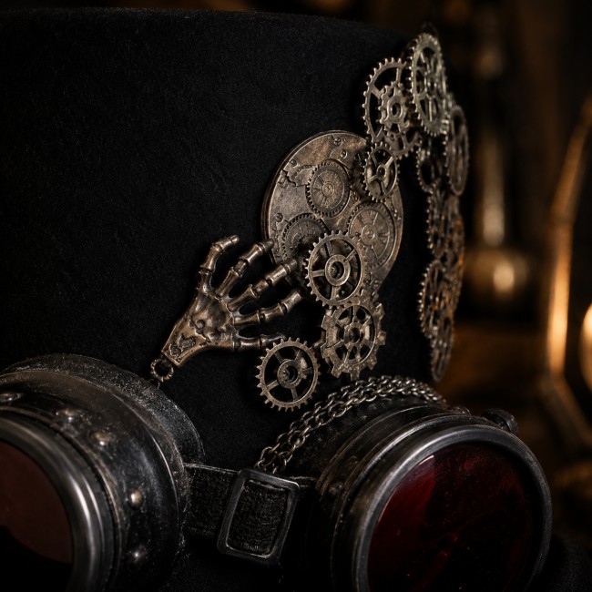 Zoom sur les détails mécaniques du chapeau steampunk Cyrus artisanal Zoom immersif sur les détails mécaniques du chapeau steampunk Cyrus avec engrenages, main articulée et lunettes rétro rouges. Création artisanale unique.