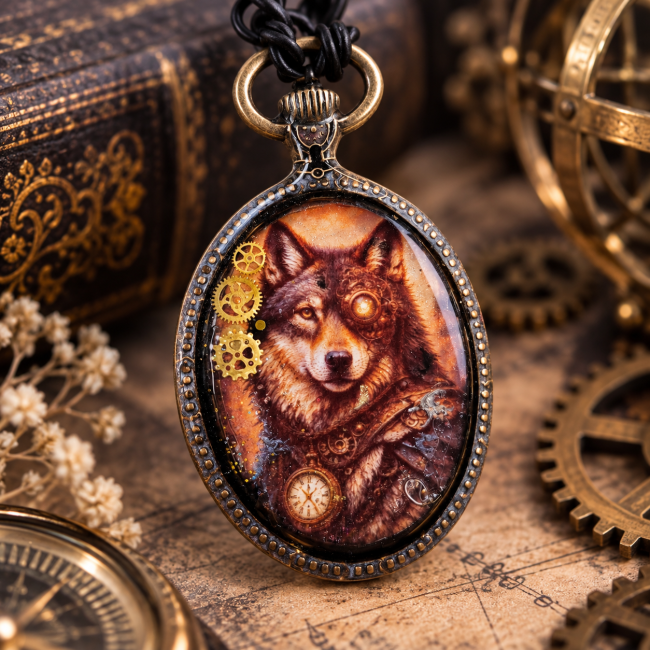 Gros plan sur la face Loup du médaillon steampunk Le Gardien des Archives. Les engrenages, éléments mécaniques et détails d'inspiration vintage renforcent l'esthétique fantastique de cette création artisanale.