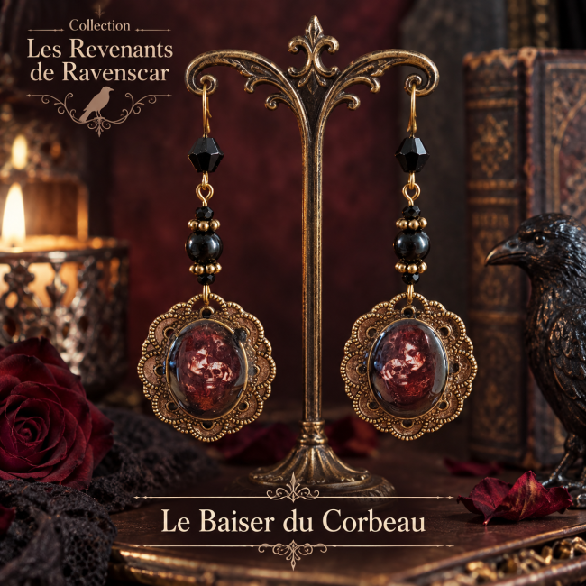 Boucles d’oreilles gothiques Le Baiser du Corbeau, création artisanale en laiton émaillée à la main, obsidienne véritable et pièce unique