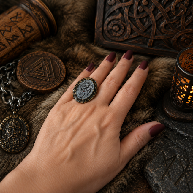 La bague Odin portée à la main dans un univers viking, pour apprécier son style et son rendu une fois portée.