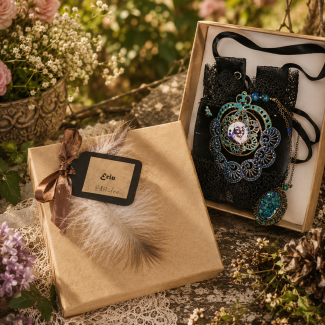 Coffret manchette Eriu – Bijou gothique chic et vintage Coffret cadeau de la manchette Eriu présenté dans un jardin vintage avec lumière douce, dentelle noire, plume décorative et bijou gothique bleu turquoise.