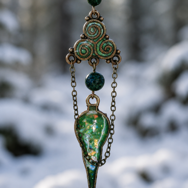 Photographie arrière des boucles d’oreilles artisanales avec triskel et chrysocolle. Style viking raffiné et décor naturel enneigé.