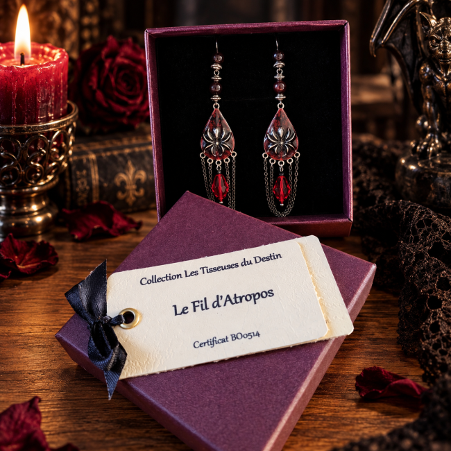 Le Fil d’Atropos – Boucles d’oreilles gothiques dans leur écrin Boucles d’oreilles gothiques artisanales Le Fil d’Atropos présentées dans leur écrin