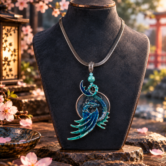 La Perle de Tamatori – Collier artisanal inspiré de Ryūjin Collier La Perle de Tamatori porté sur mannequin noir, création artisanale inspirée de Ryūjin et de la mythologie japonaise.
