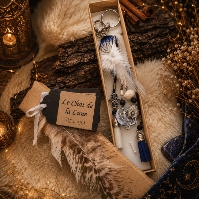 Présentation du coffret artisanal Le Chat de la Lune avec livret symbolique, plumes naturelles, breloques célestes et ambiance ésotérique chaleureuse.