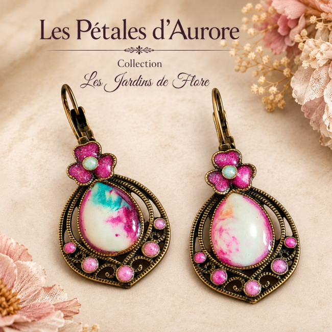 Boucles d'oreilles artisanales Les Pétales d'Aurore en laiton émaillé, collection Les Jardins de Flore.
