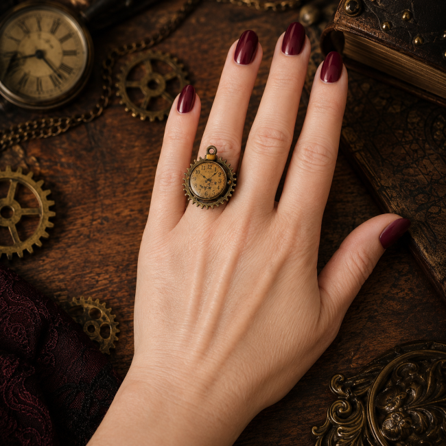 Bague steampunk femme L’Heure des Chimères portée L’Heure des Chimères portée, une bague femme en laiton bronze au design horloger et steampunk, associant élégance vintage et caractère.