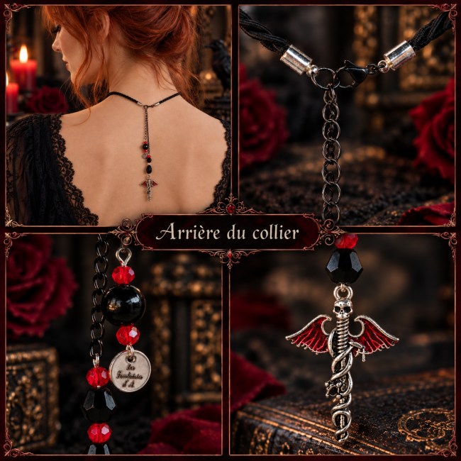 La Clef du Sang de Dragon – Détails du collier gothique artisanal Collage de détails du collier gothique artisanal La Clef du Sang de Dragon, fermeture, chaîne et pendentif