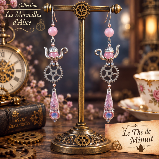 Boucles d’oreilles steampunk Le Thé de Minuit – Les Merveilles d’Alice Boucles d’oreilles artisanales Le Thé de Minuit, inspirées de l’univers d’Alice et du steampunk, associant théière miniature, engrenages et calcédoine rose.
