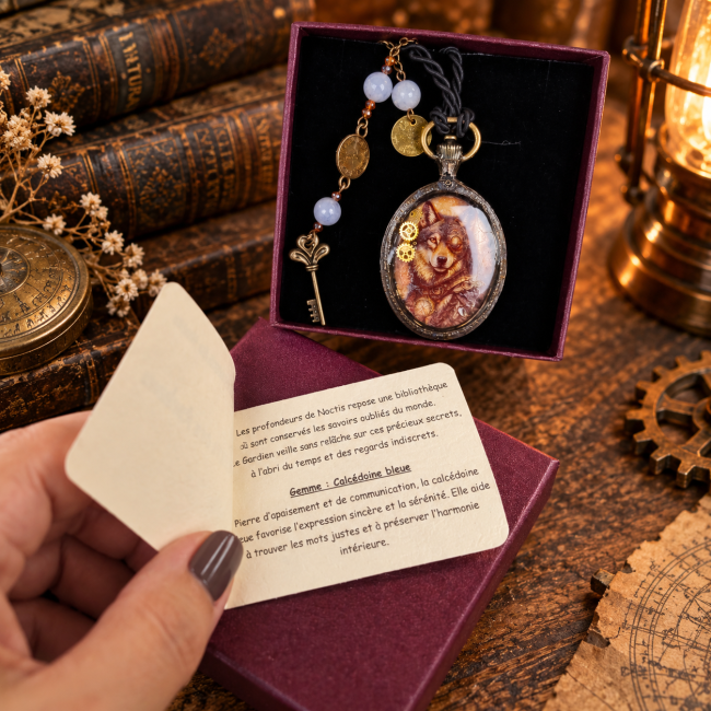 Le Gardien des Archives, médaillon réversible steampunk face Loup, présenté dans son écrin artisanal avec son certificat et sa carte de présentation. Une création Les Fantaisies d’A inspirée des cabinets de curiosités, des anciennes archives et de l'unive