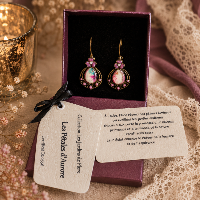 Écrin des boucles d'oreilles Les Pétales d'Aurore avec certificat numéroté et carte de légende de la collection Les Jardins de Flore.