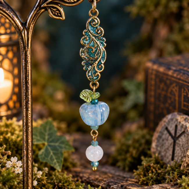 Gros plan sur le travail artisanal de l’ornement aux arabesques nordiques, entièrement émaillé à la main, accompagné d’une pomme bleue en résine et d’une délicate enfilade de perles.