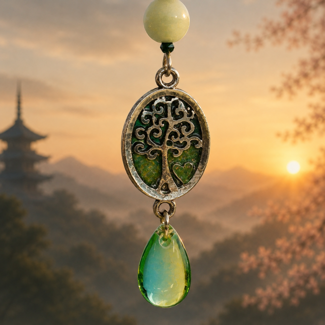 Gros plan sur le pendentif arbre de vie émaillé des boucles d’oreilles Kodama « La Sève Lunaire ». Reflets verts, détails délicats et goutte translucide inspirée des forêts mystiques japonaises.