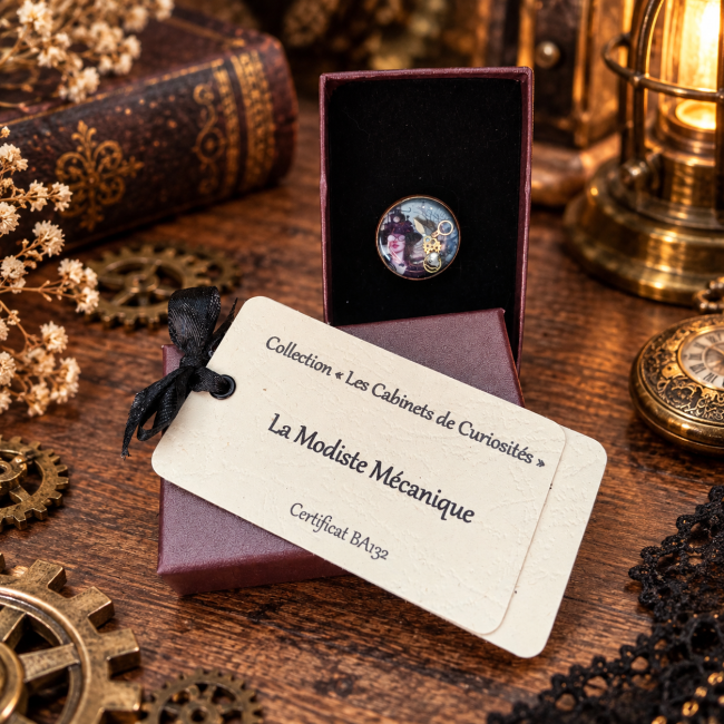 La Modiste Mécanique présentée dans son écrin avec sa carte d'identification, dans un décor immersif steampunk évoquant un cabinet de curiosités victorien.