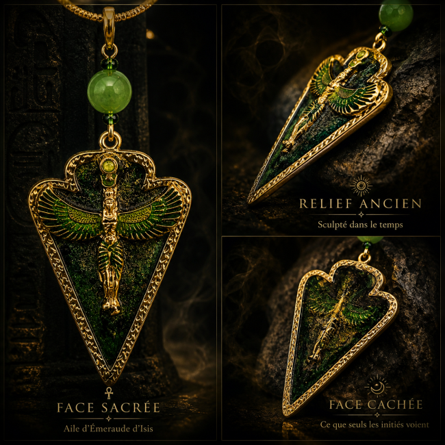 Découvrez le collier Isis « Sève de Vie », un bijou mystique inspiré de l’Égypte antique. Aventurine verte, acier inoxydable doré et symbolique sacrée pour un talisman élégant et lumineux.