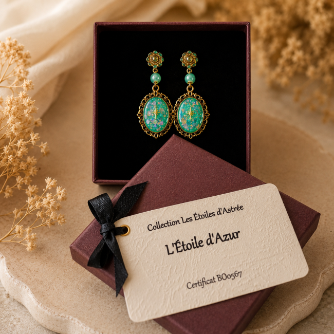 Le coffret cadeau des boucles d'oreilles L'Étoile d'Azur comprend l'écrin de présentation, la carte d'identification et le certificat d'authenticité, prêt à être offert.