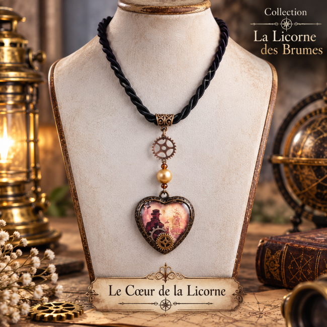 Le Cœur de la Licorne est un collier steampunk artisanal de la collection La Licorne des Brumes. Cette pièce unique associe un cordon noir tressé, des éléments en métal bronze, une perle dorée et un pendentif cœur décoré de rouages et d’un univers fantast