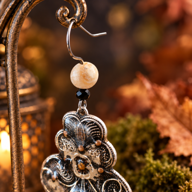 Détail de la partie supérieure de la boucle d’oreille avec son crochet, sa perle naturelle et sa petite perle noire.