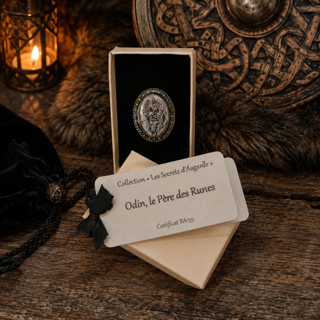 Présentation de la bague Odin dans son écrin, accompagnée de sa carte d’identification et de son certificat d’authenticité BA135.