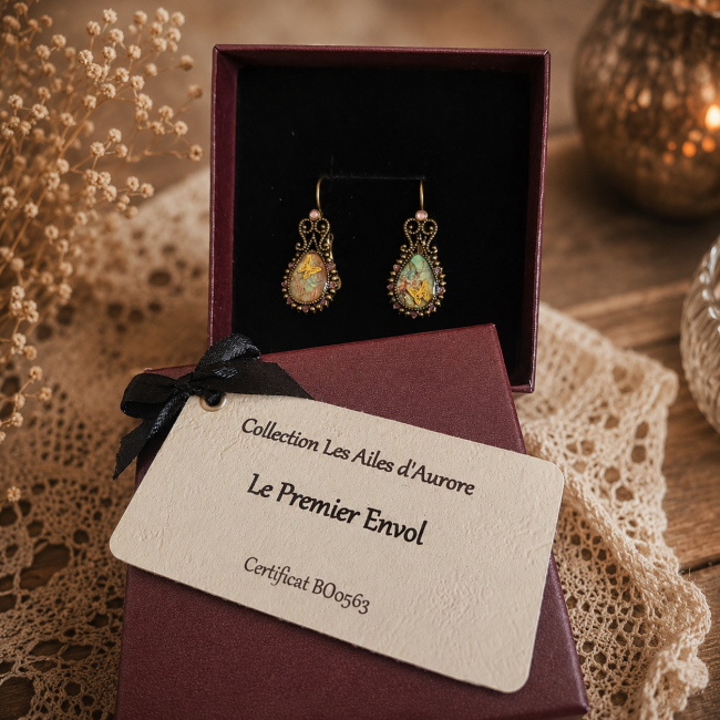 Boucles d'oreilles Le Premier Envol présentées dans leur écrin avec leur carte d'identification, prêtes à offrir.