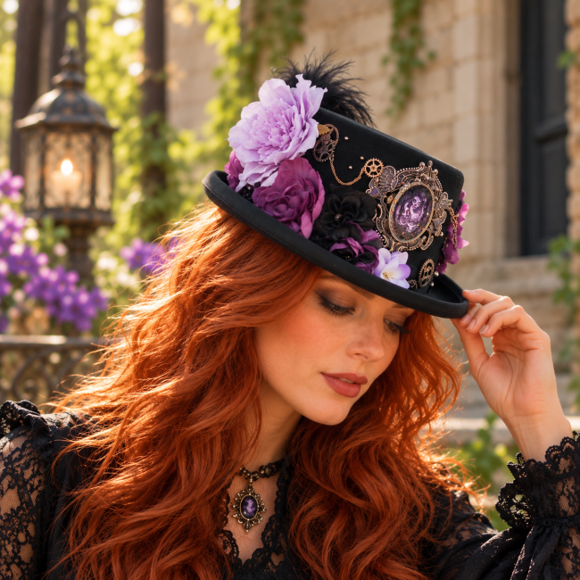 Chapeau Mina – Vue du côté droit Chapeau Mina vu du côté droit avec fleurs violettes, chaînes et engrenages métalliques