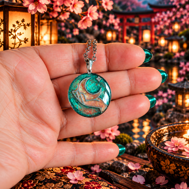 Tsukuyomi – Croissant de lune et émail translucide Détail du pendentif Tsukuyomi montrant le croissant de lune argenté et les nuances translucides bleu canard et vert émeraude.