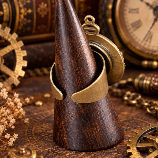 Vue arrière de la bague Le Retard du Lapin Blanc permettant d’apprécier sa monture ajustable et son travail de finition dans l’esprit steampunk.