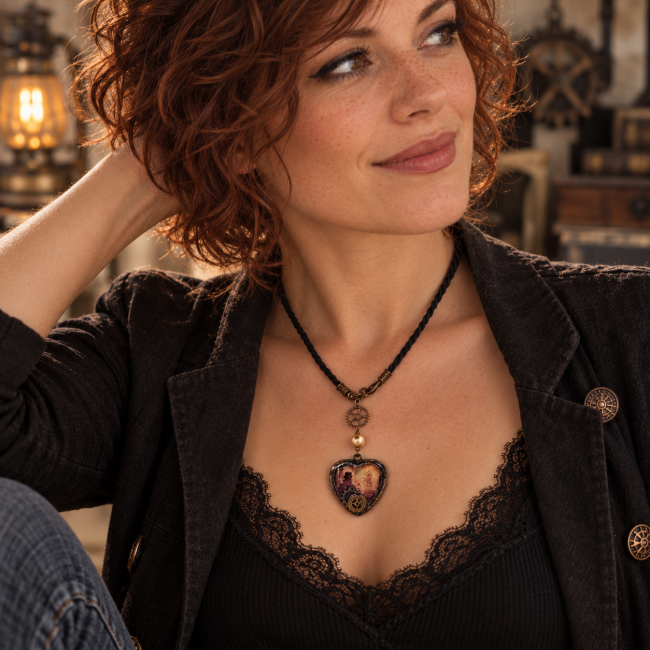 Le Cœur de la Licorne porté, pour découvrir son rendu et ses proportions sur le décolleté. Ce collier steampunk artisanal associe élégance sombre, inspiration fantastique et détails mécaniques dans une création originale de la collection La Licorne des Br