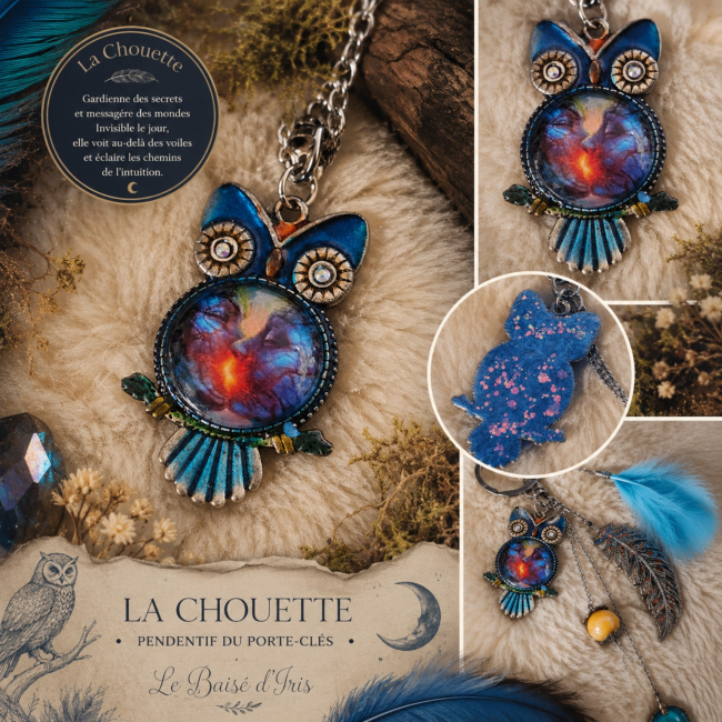 Collage artistique du pendentif chouette du porte-clés “Le Baisé d’Iris” avec détails féeriques et ambiance nature mystique.