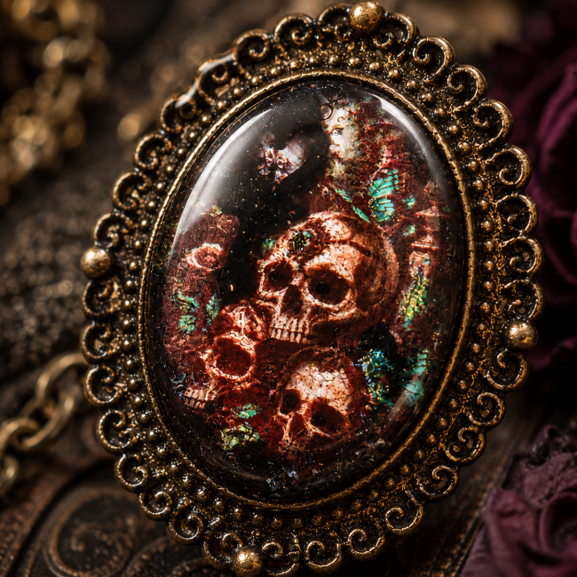 Cabochon de la bague gothique Le Sceau d’Érèbe Gros plan sur le cabochon du Sceau d’Érèbe, révélant les crânes et les nuances profondes de cette création gothique en laiton.
