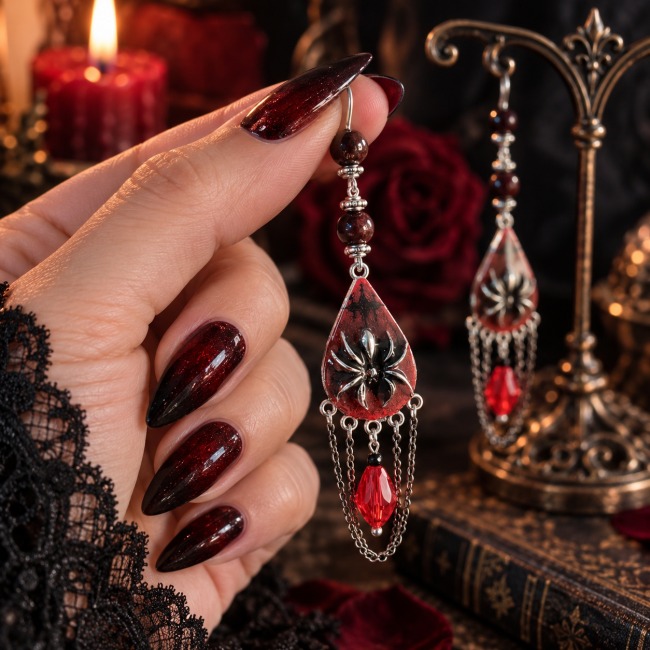 Le Fil d’Atropos – Création gothique artisanale Boucle d’oreille gothique Le Fil d’Atropos tenue en main, bijou artisanal émaillé en transparence