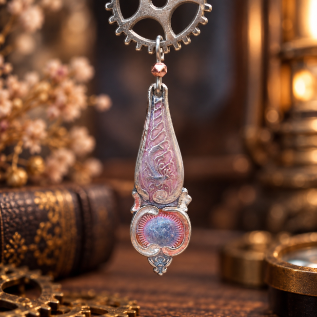 Le Thé de Minuit – Détail du pendentif émaillé Gros plan sur le pendentif ornemental aux nuances rose et bleu, mettant en valeur les détails décoratifs et la finition artisanale du bijou.