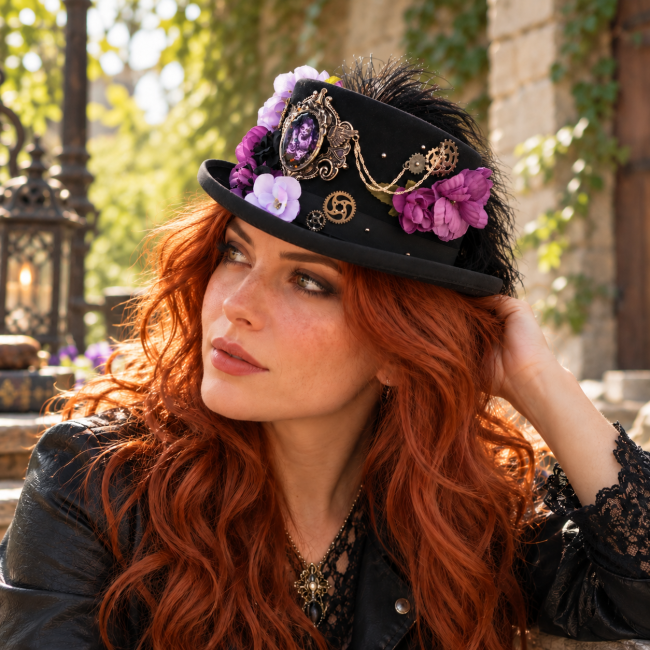 Chapeau Mina porté – Vue trois-quarts Chapeau Mina porté en vue trois-quarts, mettant en valeur le haut-de-forme, les fleurs et le médaillon central