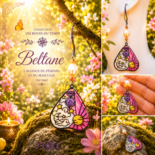 Création artisanale de la collection Les Roues du Temps inspirée du sabbat de Beltane. Boucles d’oreilles ésotériques émaillées à la main aux nuances rosées, ivoire et dorées, symbolisant l’union sacrée du féminin et du masculin dans une ambiance magique 