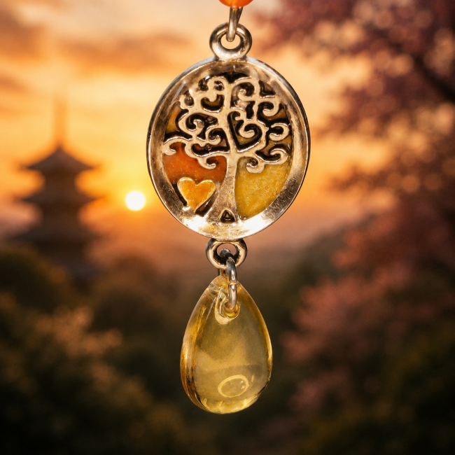 Boucle d’oreille Hi no Kodama arbre de vie artisanal japonais Zoom sur l'arbre de vie des boucles d’oreilles Hi no Kodama issues de la collection Kodama. Bijou artisanal inspiré des esprits des forêts japonaises, arbre de vie argenté, lumière chaude et cerisiers en fleurs.
