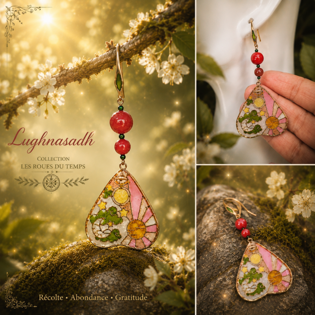 Collage féerique des boucles d’oreilles Lughnasadh de la collection Les Roues du Temps, bijou artisanal wicca aux tons rouges, verts et dorés présenté dans une ambiance nature magique printanière.  Meta description :