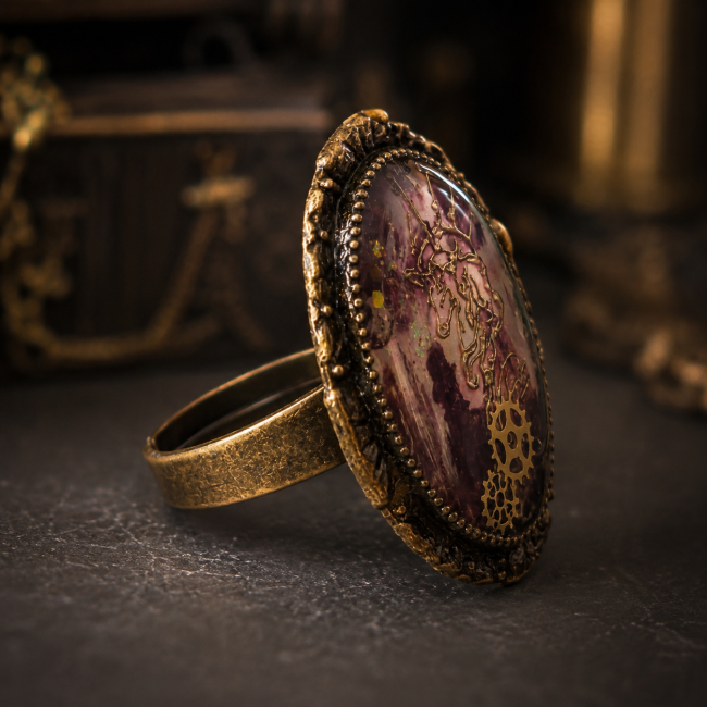 Vue latérale du Sceau du Capitaine révélant sa monture en laiton, son imposant cabochon ovale et les détails dorés de son décor steampunk.