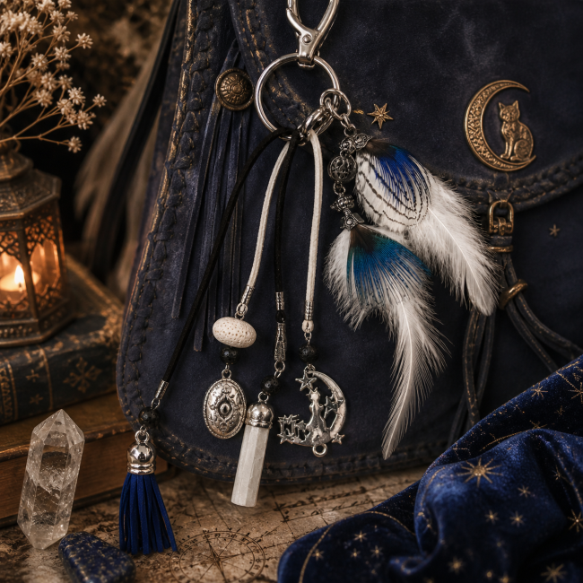 Mise en situation du porte-clés Le Chat de la Lune sur un sac bohème bleu avec détails mystiques, plumes naturelles et breloques lunaires.