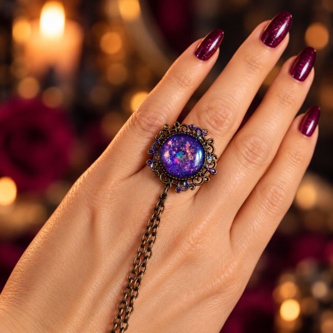 Bague ajustable en laiton du Talisman de Lady Ashcombe avec cabochon émaillé violet et trois chaînes reliant la manchette