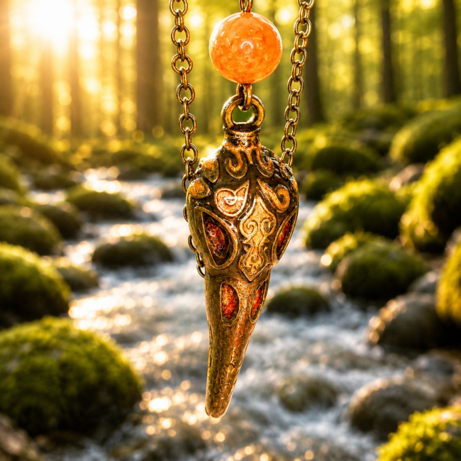 Le pendentif du Veilleur des Runes dévoile ses gravures inspirées des corbeaux sacrés nordiques. Les détails bronze et les éclats rouge feu prennent vie dans une ambiance forestière lumineuse et naturelle fidèle à l’artisanat original.