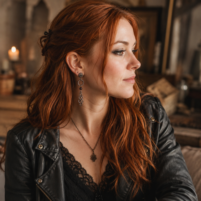 Le Lien de Brigid porté – Boucles d'oreilles celtiques artisanales Femme aux cheveux roux portant les boucles d'oreilles Le Lien de Brigid en laiton cuivré et hématite de la collection Les Nœuds d'Éternité.